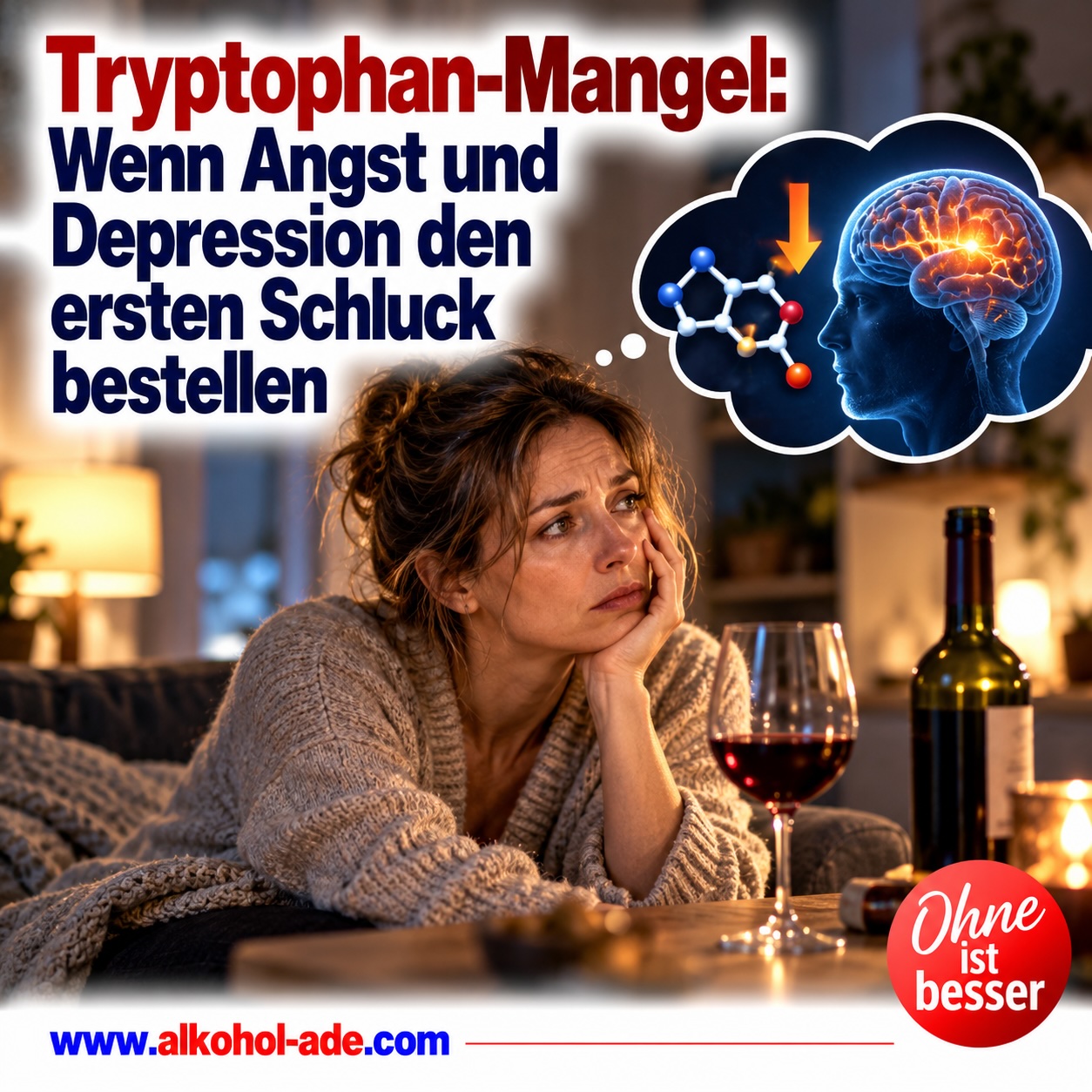 Nachdenkliche Frau sitzt am Abend vor einem Glas Wein und wirkt angespannt und niedergeschlagen. Eine Gedankenblase mit Gehirn und Molekülstruktur symbolisiert den Zusammenhang zwischen Tryptophan, Hirnchemie und Alkoholkonsum. Überschrift: „Tryptophan-Mangel: Wenn Angst und Depression den ersten Schluck bestellen.“