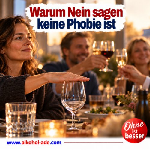 Frau legt beim gemeinsamen Anstoßen ruhig die Hand auf ihr leeres Weinglas und lehnt damit Alkohol ab, während die anderen Gäste ihre Gläser erheben. Überschrift: „Warum Nein sagen keine Phobie ist.“