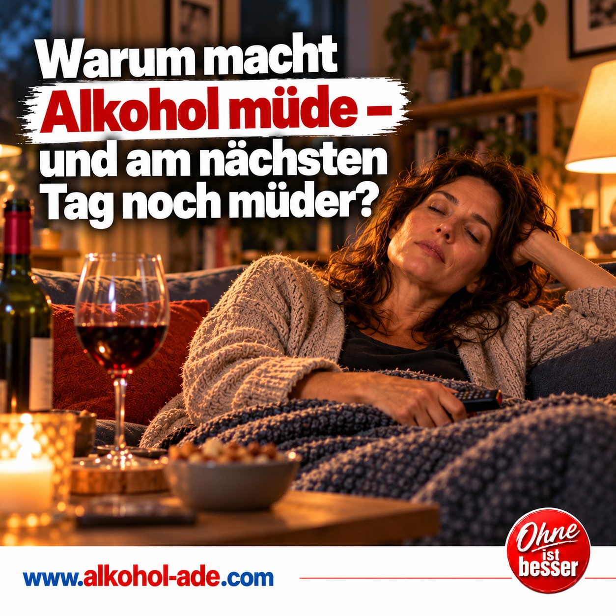 Müde Frau ist abends auf dem Sofa eingeschlafen, während vor ihr ein Glas Rotwein und eine Weinflasche stehen. Die gemütliche Szene zeigt die zunächst einschläfernde Wirkung von Alkohol und verweist zugleich auf die Müdigkeit am folgenden Tag. Überschrift: „Warum macht Alkohol müde – und am nächsten Tag noch müder?“