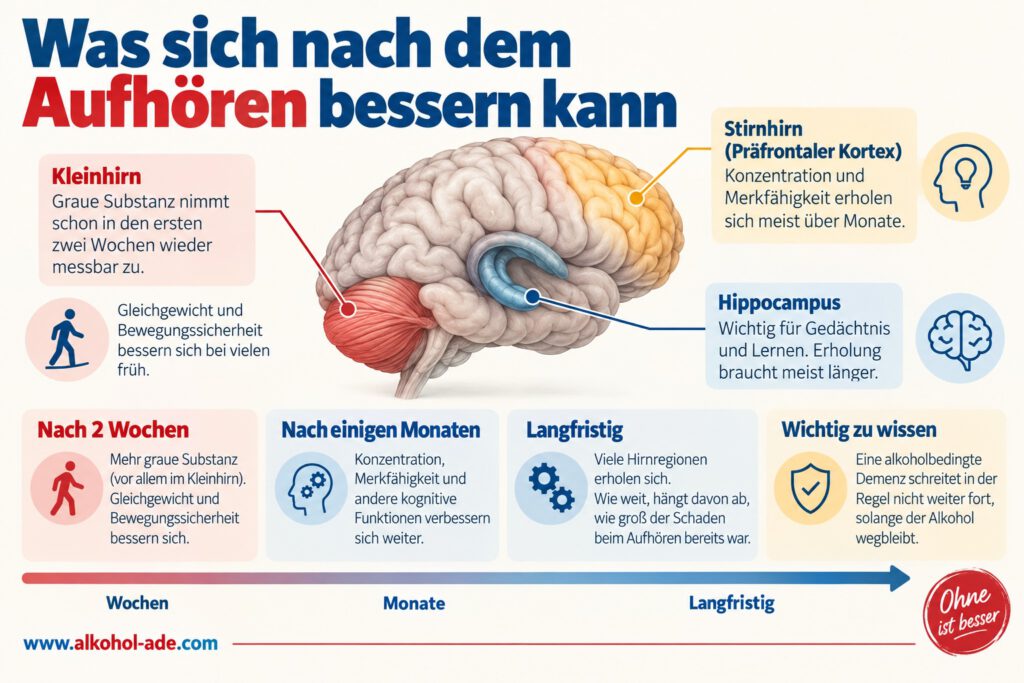 Infografik „Was sich nach dem Aufhören bessern kann“ mit Gehirndarstellung und Zeitstrahl: In den ersten zwei Wochen ohne Alkohol kann die graue Substanz besonders im Kleinhirn messbar zunehmen; Gleichgewicht und Bewegungssicherheit bessern sich oft früh. Konzentration, Merkfähigkeit und andere kognitive Funktionen erholen sich meist über Monate. Langfristig können sich weitere Hirnregionen erholen. Eine alkoholbedingte Demenz schreitet in der Regel nicht weiter fort, solange Alkohol wegbleibt; das Ausmaß der Erholung hängt vom bereits entstandenen Schaden ab.