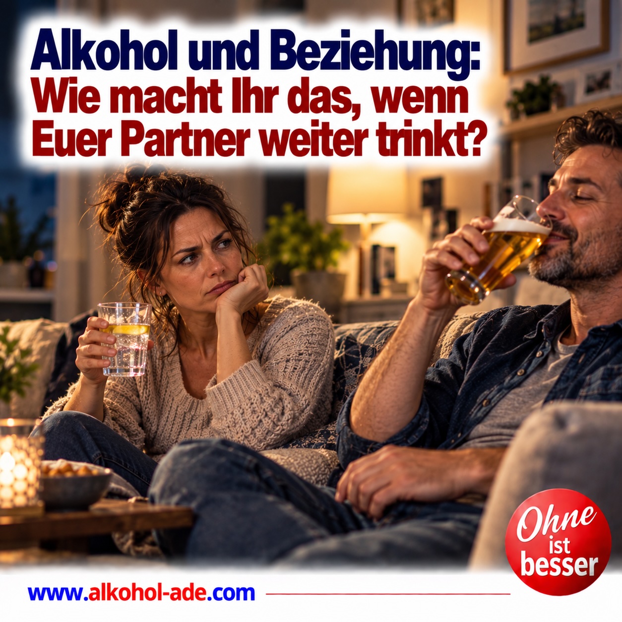 Frau sitzt mit einem Glas Wasser neben ihrem Partner auf dem Sofa und beobachtet ihn skeptisch, während er ein Bier trinkt. Die Szene zeigt die Herausforderung, abstinent zu leben, wenn der Partner weiterhin Alkohol konsumiert. Überschrift: „Alkohol und Beziehung: Wie macht Ihr das, wenn Euer Partner weiter trinkt?“
