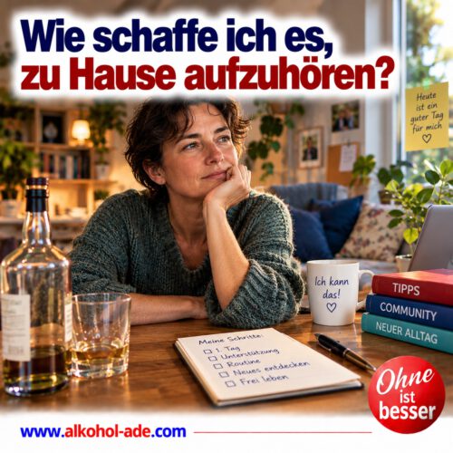 Nachdenkliche Frau sitzt zu Hause am Tisch und überlegt, wie sie ihren Alkoholkonsum beenden kann. Vor ihr liegen eine Alkoholflasche, ein Glas und ein Notizblock mit persönlichen Schritten für den Ausstieg. Überschrift: „Wie schaffe ich es, zu Hause aufzuhören?“